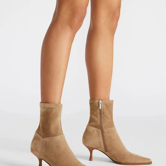 Women's Khaki Faux Suede Kitten Heel Ankle Boots with Zipper and Pointed Toe - Picture 2 of 6